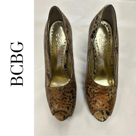 🛍️3/$40 BCBG Open Toe Platform Heel Shoe Snakeskin Brown Leather Upper Size 6.5 - Picture 3 of 9